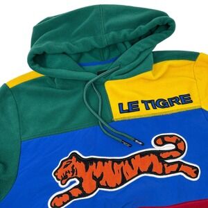 LE TIGRE Vintage Colorblock Fleece Hoodie Sweatshirt Streetwear Large